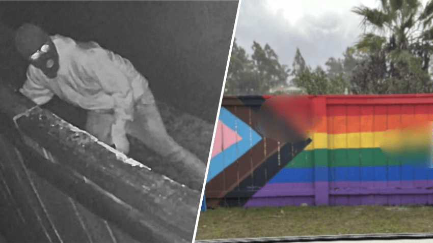 Images released by SDPD show a suspect (L) accused of spray painting anti-LGBTQ slurs on a home's fence in Scripps Ranch on Feb. 14,