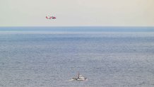 The USCG Cutter Sea Otter and MH-60 Jayhawk helicopter search for survivors after a Cessna crashed off Point Loma on Sunday June 8, 2025.